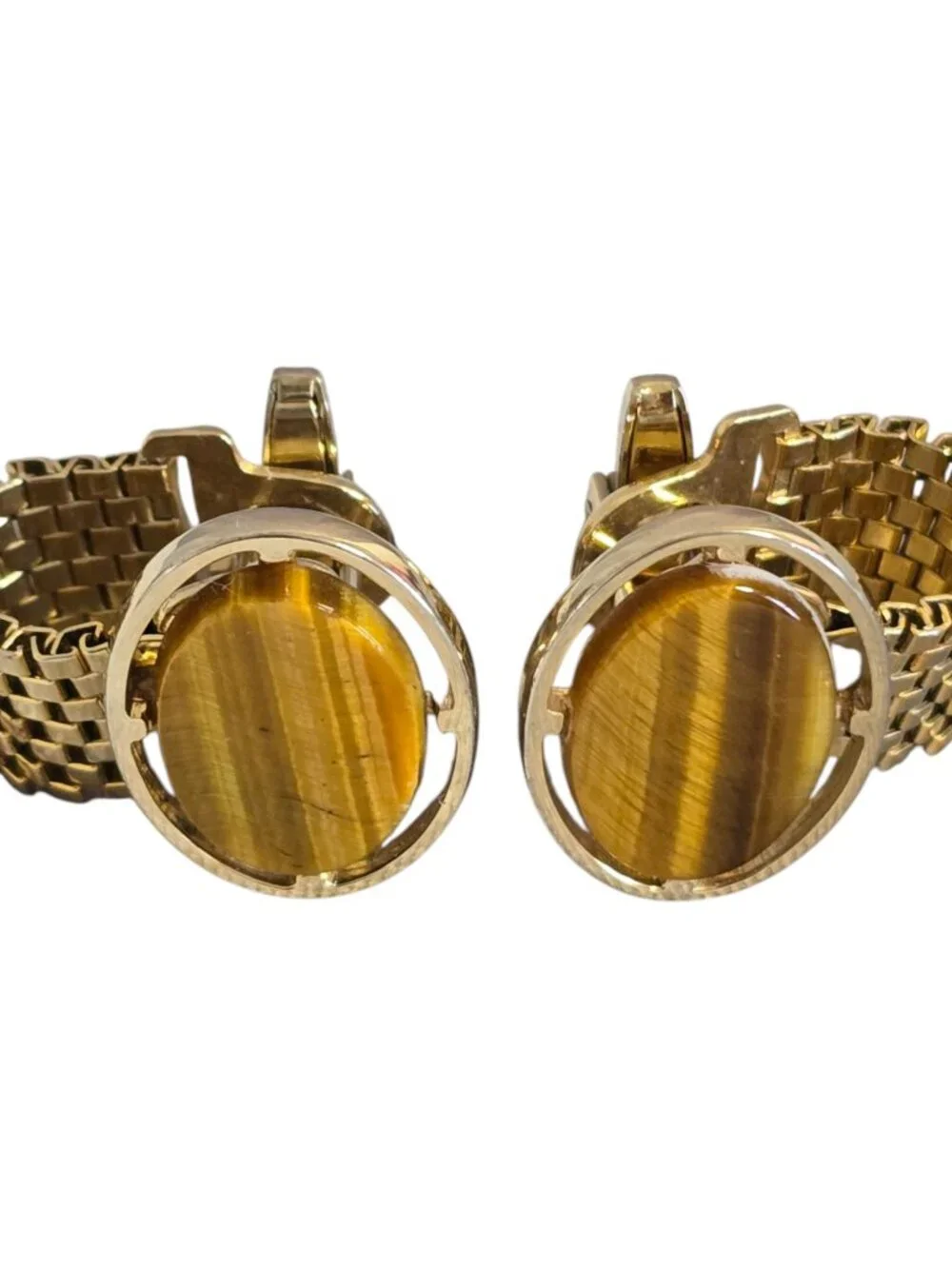 Vintage Foster Gold Tone Oval Cufflinks Tigers Eye Stone w/ Wrap Around Straps